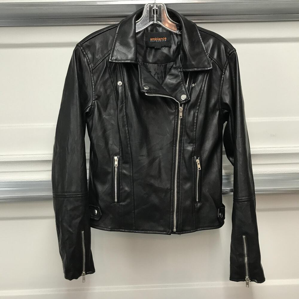 Ambiance Outerwear Moto Jacket Womens Medium Black Faux Leather Biker Zip lined